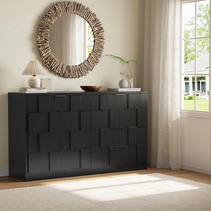 ONBRILL 61" Sideboard Buffet Cabinet with Storage, Large Coffee Bar Cainet with Doors and Drawers, Wood Credenza Console Cabinet Buffet Table for Kitchen Living Room Entryway (Black)