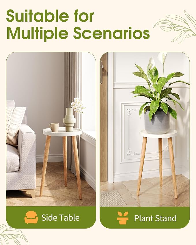 Plant Stand Indoor, Wood Mid Century Indoor Plant Stand, Tall Plant Stands for Flower Pot, Modern Round Plant Table, Small Side End Table with Raised Design, 1 Pack, White, 11.7''x18.8''
