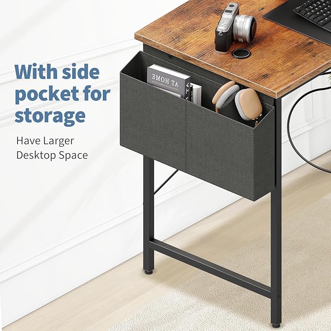 DUMOS 39" Corner Gaming Desk, L Shaped Computer Desk with 3AC+2USB+1Type-C Power Strip, Storage Shelves & Side Hanging Fabric Organizer, Rustic Brown Gaming Workstation for Home Office and Bedroom