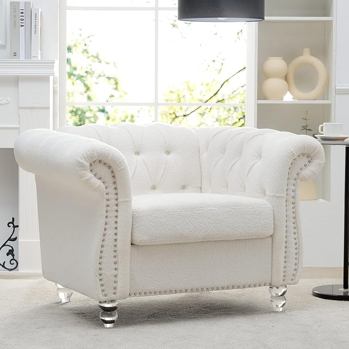 Yoglad Upholstered Accent Chair, Retro Style Armchair with Rolled Arms, Comfy Single Sofa with Wood Legs and Nailhead for Living Room, Bedroom, Apartment (White, 39", Teddy Fabric)