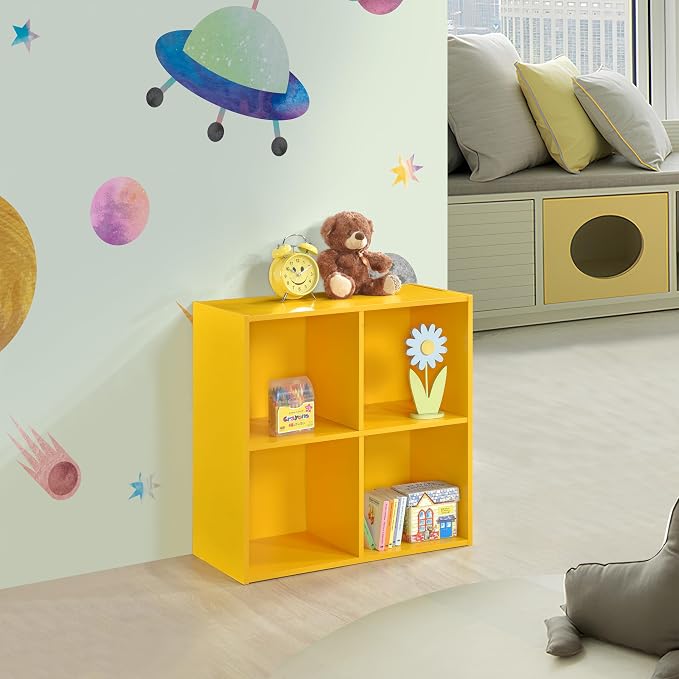 Kings Brand Furniture - George 4-Cube Storage Organizer, 2-Tier Bookcase with Wood Shelves for Living Room, Bedroom, Nursery, or Home Office (1, Yellow)