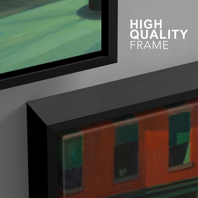 wall26 Framed Canvas Print Wall Art Set Nighthawks by Edward Hopper Cultural Historic Oil Painting Fine Art Reproduction Scenic Colorful for Living Room, Bedroom, Office - 16"x24"x3 Black