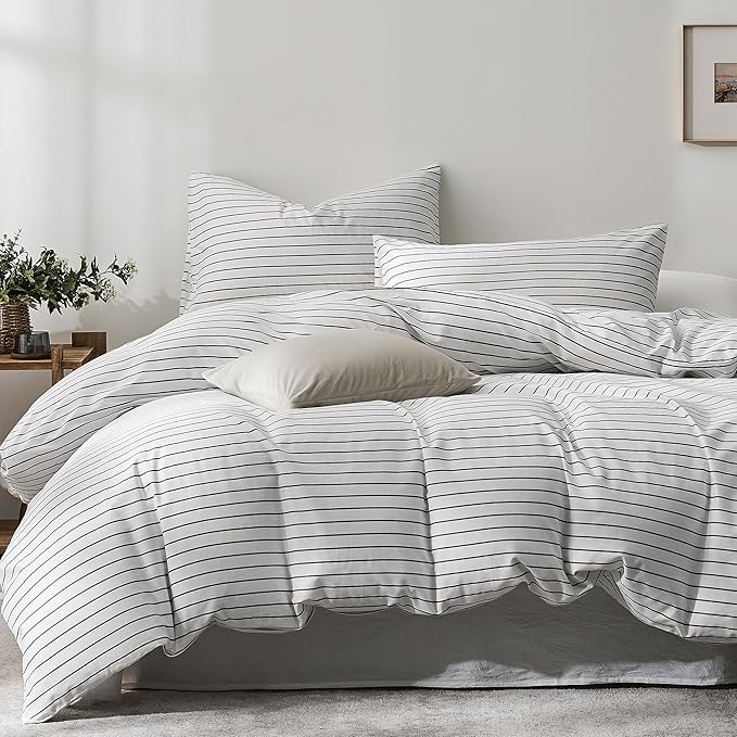 JELLYMONI Wide Striped Duvet Cover Set - Full Size Comforter Cover, Classic White & Gray Stripes, 100% Cotton 3 Pcs Bedding with Zipper Closure & 8 Corner Ties for Guest or Teen Room