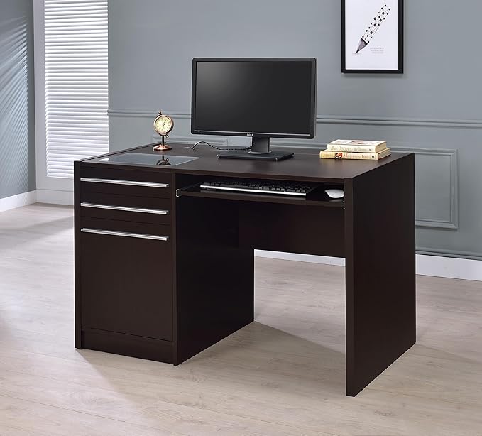 Coaster Home Furnishings - Halston - Engineered Wood - 47-Inch Computer Desk with Drawers, Door Cabinet & Lift-Top Storage, Tempered Glass Top, Contemporary Style - Home Office - Cappuccino - 800702