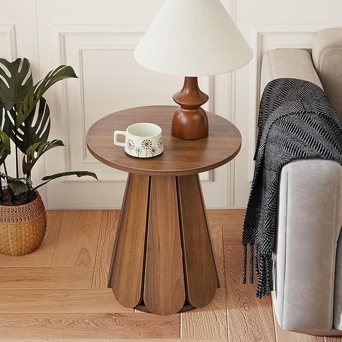 Small Round End Table Nightstand, Mid Century Modern Side Table, Circle Bedside Tables Wood Night Stand for Bedroom, Living Room, Small Space, Walnut