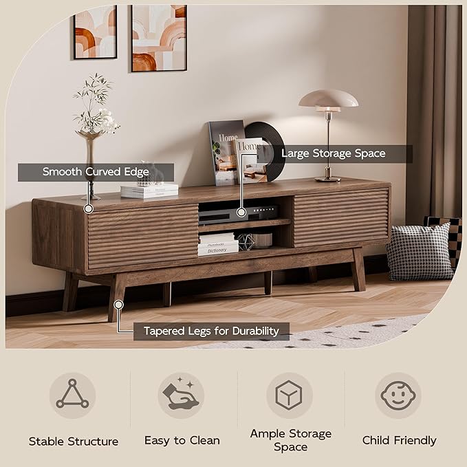 TOLEAD 59" TV Stand, Mid Century Modern Television Stand for 43/55/65 inch TV, Low Profile TV Console with Fluted Sliding Doors, Boho Light Wood Credenza for Living Room, Walnut