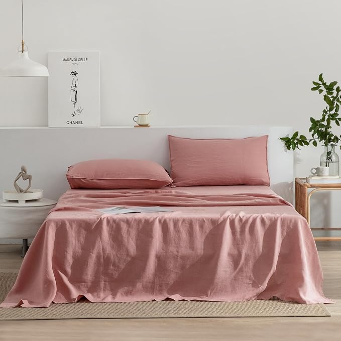 EVERLY Linen Sheets Set Full Size,100% French Stonewash Pure Linen Sheets Set,4Pieces (1Flat Sheet,1Fitted Sheet,2Pillowcase) Suitable for Hot Sleepers,Deep Pocket Natural Bedding Set-Pink