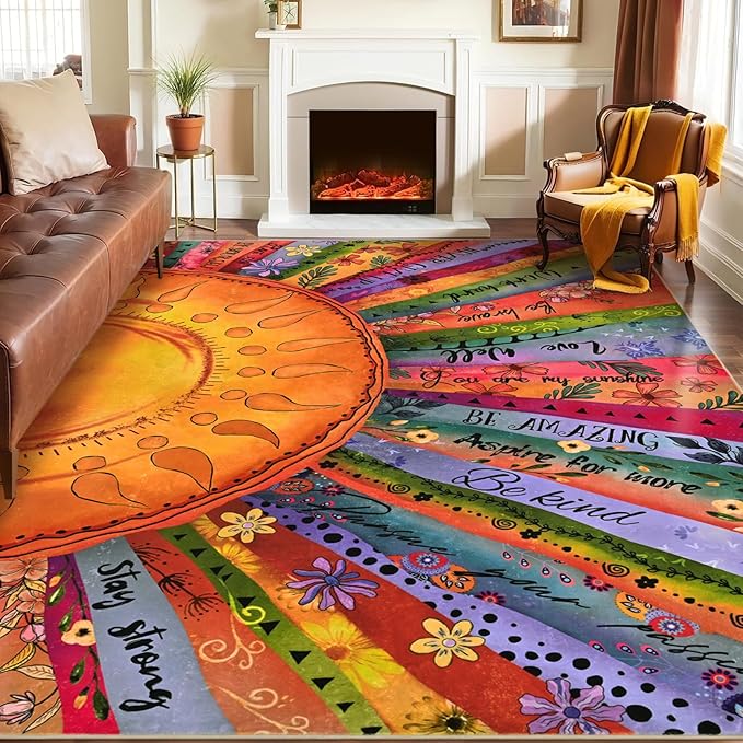 Likiyol Sun Rugs for Living Room 5x7 Area Rugs, Non Slip Washable Rugs for Bedroom Soft Faux Cashmere Inspirational Living Room Rug, Large Carpet Low Pile Rug for Dining Room, Home Office Decor