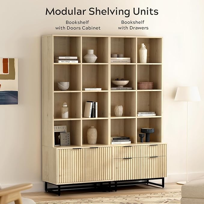 71" Bookshelf with Drawers, Fluted Tall Bookcase 4 Tier Wooden Display Cabinet with Storage Floor Standing, Mid Century Modern Bookshelves for Home Office Living Room Library (Light Oak)