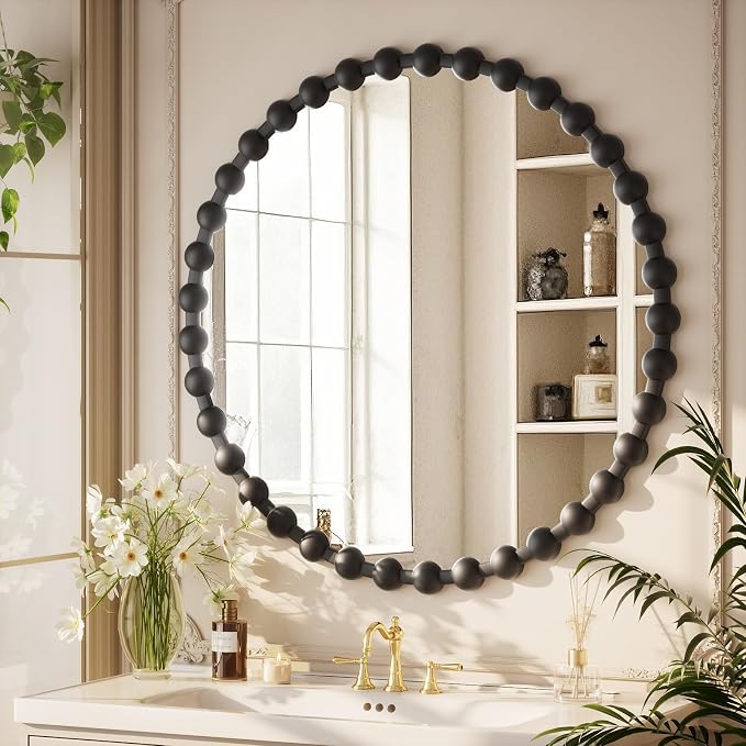 Easly Round Mirror for Wall, 32 Inch Black Beaded Frame Decorative Vanity Mirror, Circle Bathroom Mirror with High-Definition Lense, Modern Wall Decor for Bathroom, Living Room, Bedroom, Entryway