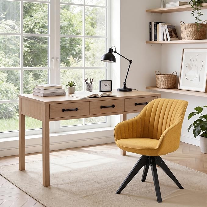 Art Leon Office Chair No Wheels, Mid Century Modern Desk Chair, Swivel Accent Chair with Oak Wood Legs, Faux Leather Upholstered Armchair for Desk, Yellow Brown