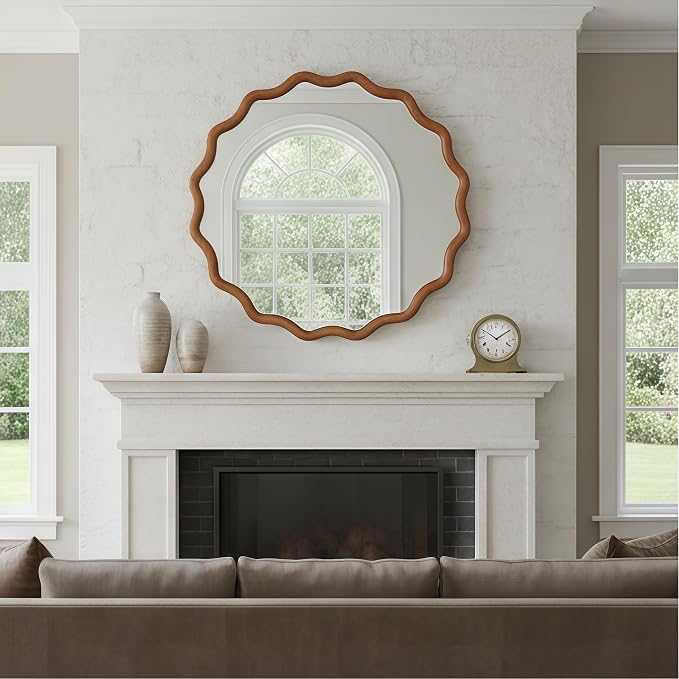 30 Inch Wooden Wavy Round Wall Mirror, Modern Solid Wood Frame Circle Decorative Accent Mirror for Bedroom, Bathroom, Living Room, Entryway, Yellowish Brown