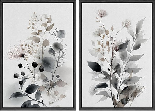 IDEA4WALL Framed Canvas Print Wall Art Set Neutral Botanical Watercolor Monochrome Leaves and Flowers Illustrations Modern Art Decorative Calm/Zen for Living Room, Bedroom, Office - 16"x24"x2 Black