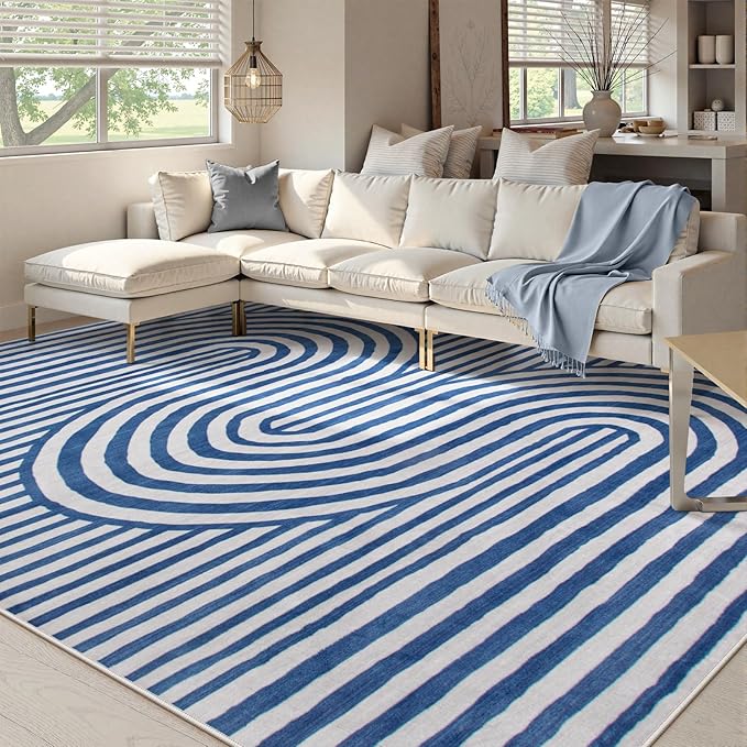 Lahome Modern Washable Area Rugs 5x7, Blue and White Rugs for Bedroom Ultra-Thin Non-Shedding, Abstract Living Room Rugs Stain Resistant Geometric Large Carpet for Kids Office Dorm Alba(5'X7',Blue)
