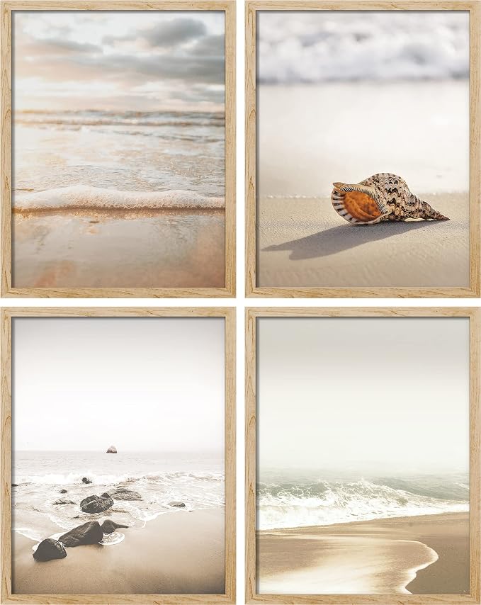 SIGNWIN Poster Bathroom Decor, Wall Art Room Decor Multicolor for Living Room, Bedroom, Office White Minimal Beach Shore Ocean Sea Seashell Landscape Nature Wilderness Realism Landscape - 12"x16"x4