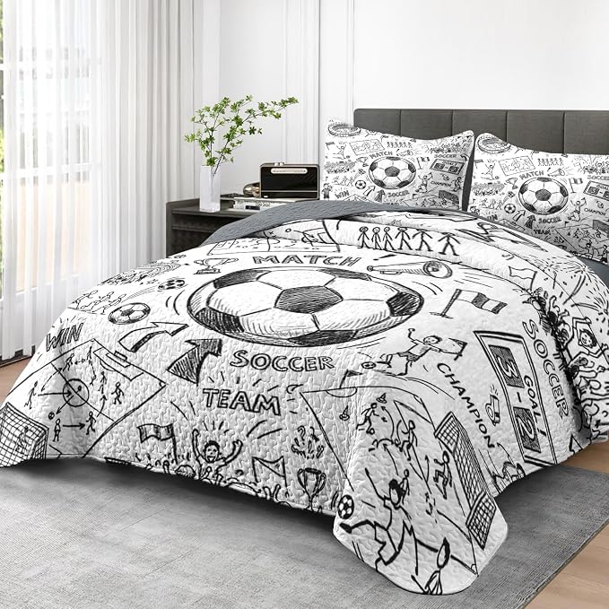 Pamnest Quilt Set Full/Queen Size, Game Soccer Painting 3 Pcs Soft Bed Cover Bedding Set for Kids and Adults, Football Ball Cup Sport Lightweight Bedspread Coverlet with Pillow Sham for All Season