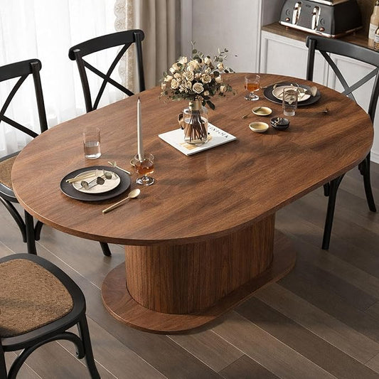 39.37"-55.12" Round Extendable Dining Table, Oval Kitchen Table with Fluted Metal Slide Door, Space-Saving Expandable Dining Table for Small Apartment & Family Use, Walnut