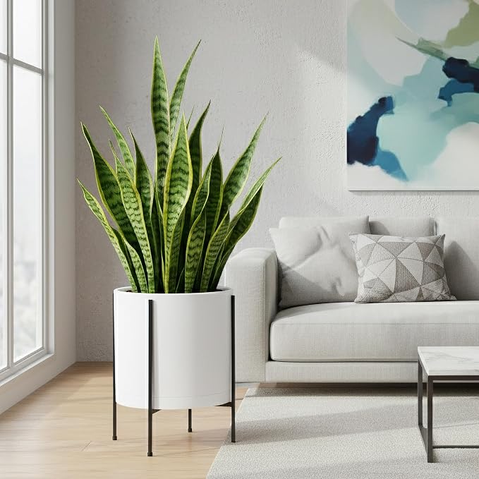 D'vine Dev 14 Inch White Planter Pot with Stand – Modern Plastic Cylinder Flower Pot with Heavy-Duty Metal Stand for Indoor Plants, 55-D-A-4