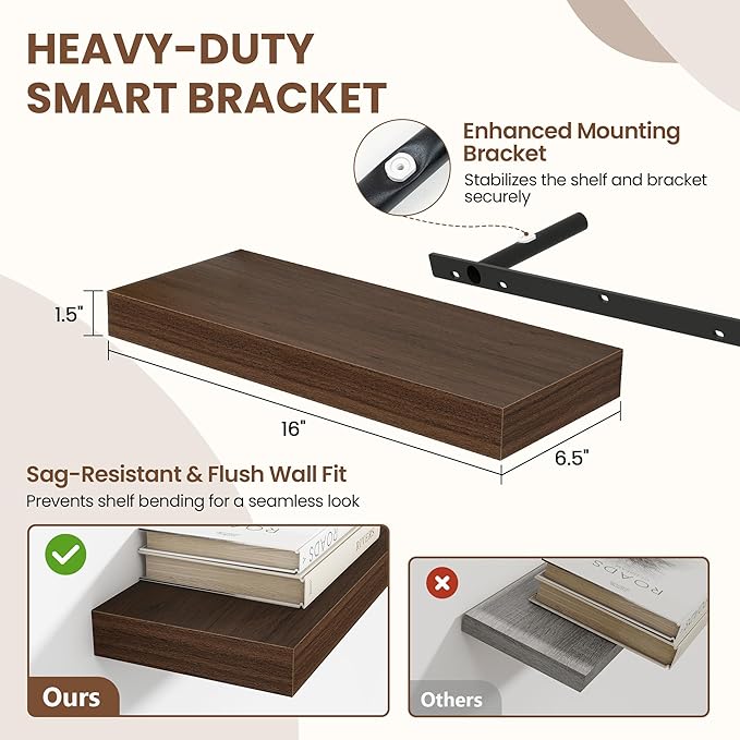 16 Inch Floating Shelves for Wall 2 Pack, 16" Wall Shelves for Books, Storage, Decor, Wall Mounted Floating Shelf with Invisible Brackets for Kitchen, Living Room, Walnut