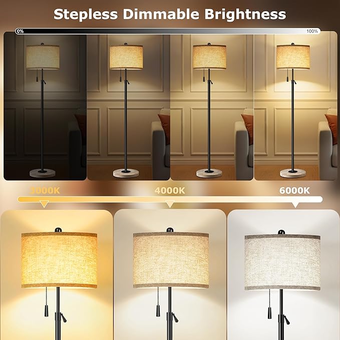 Floor Lamp for Living Room, Floor Lamp with Remote Control, Adjustable Height Modern Standing Lamp with Marble Base & Linen Shade, Dimmable Tall Floor Light for Bedroom, Reading Black