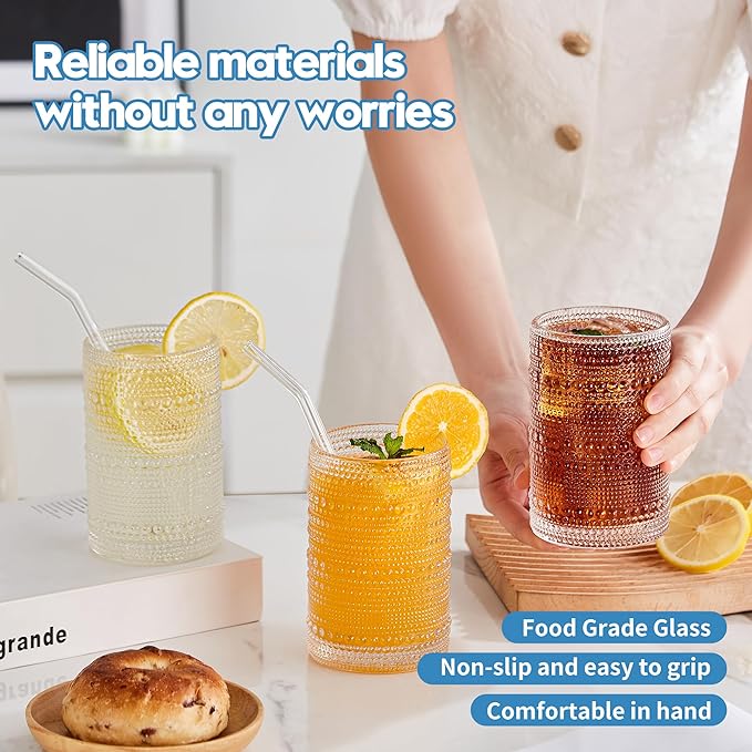 Hobnail Drinking Glasses Set of 12, 12oz & 15oz Vintage Glassware Set Cocktail Glass Set, Embossed Clear Water Tumbler,for Beer, Whiskey,Juice and Various Mixed Drinks (12 Pack-Clear)