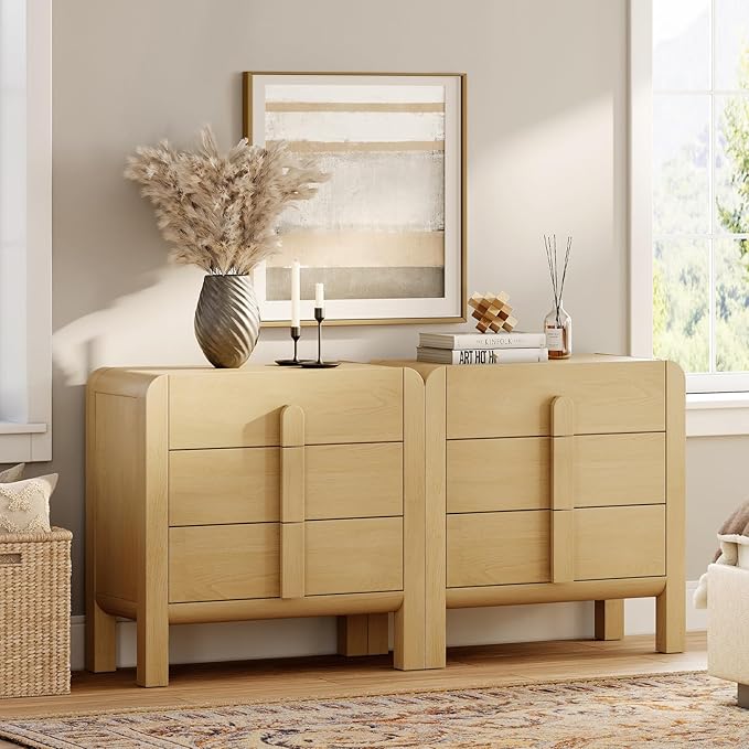 WAMPAT Large Sideboard Buffet Cabinet with Storage with 6 Drawers, Modern French 63" W Buffet Cabinet with Storage, Wood Coffee Bar Cabinets with Curved Edge Design for Kitchen Living Room, Oak