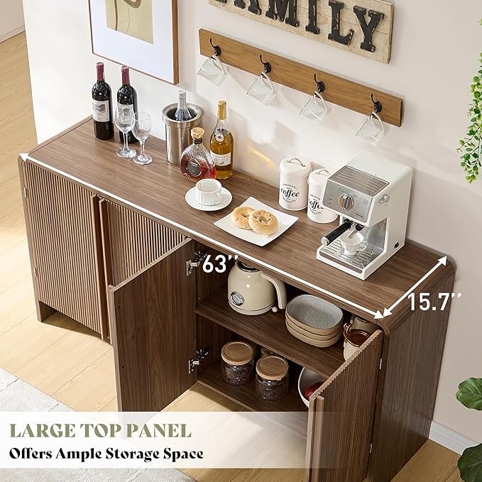 AMERLIFE 63" Fluted Sideboard Buffet Cabinet with Storage, Modern Credenza Console with 4 Doors & Adjustable Shelves, Wood Coffee Bar for Kitchen, Living Room, Hallway, Brown