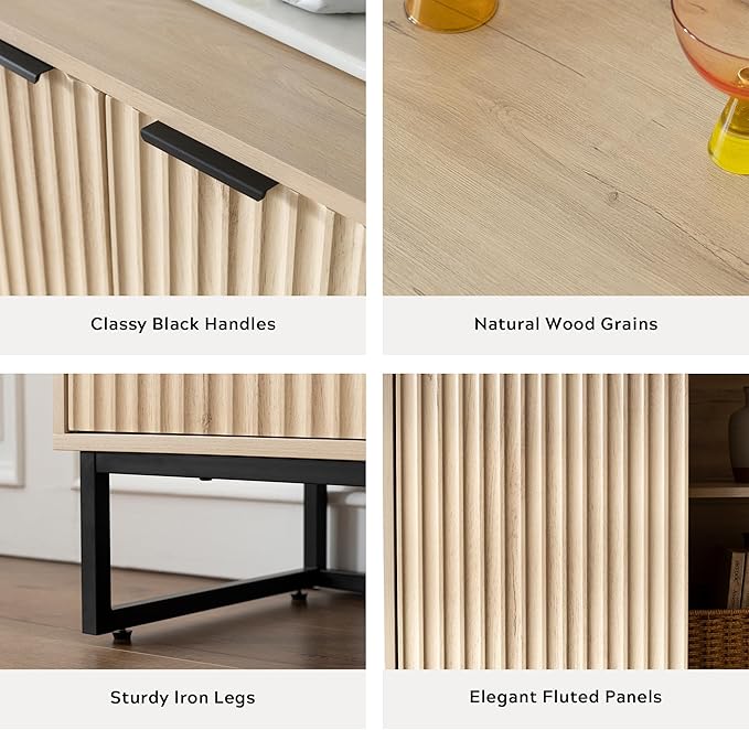 Fluted Storage Cabinet Set of 3, Sideboard Buffet Cabinet Modern Accent Cabinets with Adjustable Shelves, Credenza, Console Table Entryway Cabinets for Living Room, Light Oak