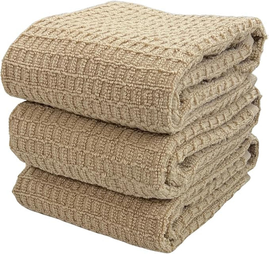 Serafina Home Tan Beige Kitchen Dish Hand Towels 100% Cotton Waffle Cloth Soft Cleaning Drying Absorbent Terry Box Loop: Set of 3 Multipurpose for Everyday Use Oversized 16" x 28"