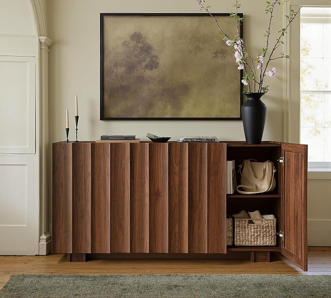 win2win 61.7" Buffet Cabinet with Storage, Mid Century Modern Sideboard with Wave Design, Wood Grain Finish, Credenza with Adjustable Shelves, Modular Cabinets for Living Dining Room Hallway, Walnut