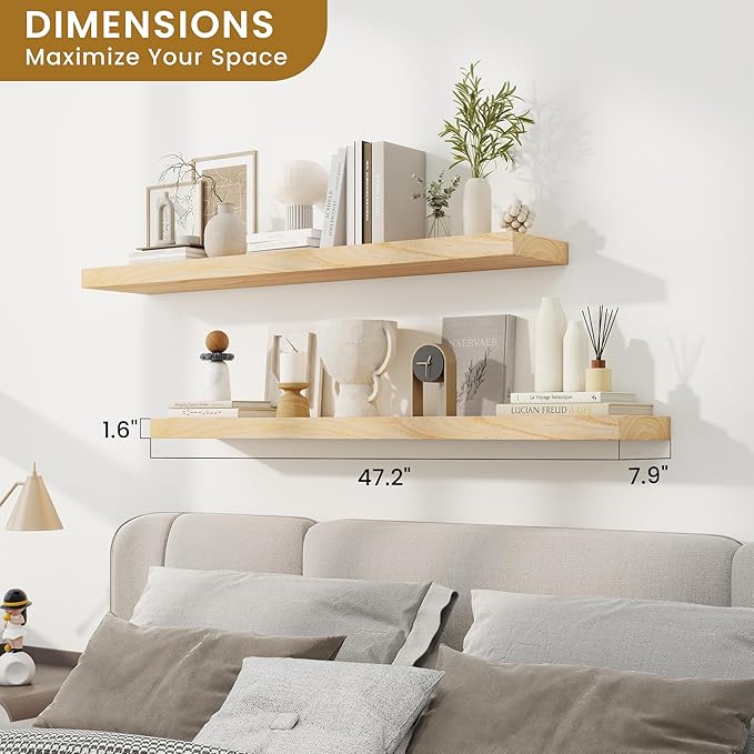RICHFOCUS Rustic Wooden Floating Shelves for Wall - 48 Inch Wood Shelves Set of 2-7.9 Inch Deep Solid Paulownia Wood Wall Mounted Shelves with Upgraded Metal Brackets for Room Decor, Natural