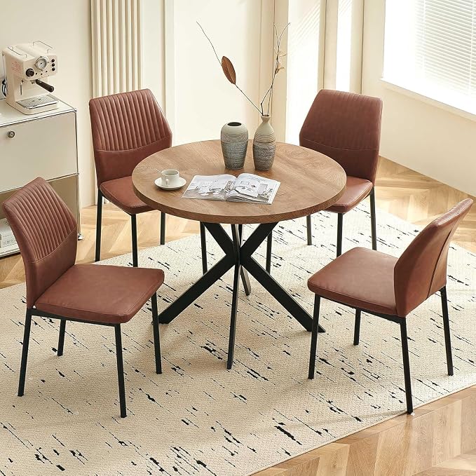 37" Round Dining Table Set for 4, Mid Century Modern Small Coffee Set for Dining Room Kitchen Apartment (Walnut Table + 4 PU Leather Brown Chairs)