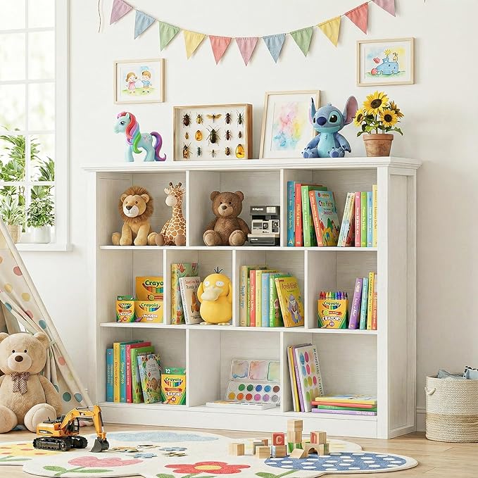 Unikito 10 Cube Storage Book Shelf - 50" Wide Wood Cube Storage Organizer, Wooden 3 Tiers Floor Standing Low Bookcase for Living Room, Bedroom, Home Office, Kids Room, Rustic White
