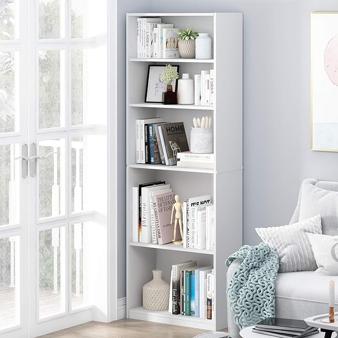 Furinno Jaya Book Shelf Set of 2, 5-Tier Bookshelf, Bookcase, with Adjustable Shelf, 9.5 x 24.5 x 71, for Home Office, Living Room, White
