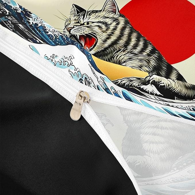 Erosebridal Funny Japanese Cat Duvet Cover Queen Japanese Ukiyo-E Cat Bedding Set Kawaii Animal Comforter Cover for Kids Girls Boys Adults Sunset Ocean Sea Waves Bed Set