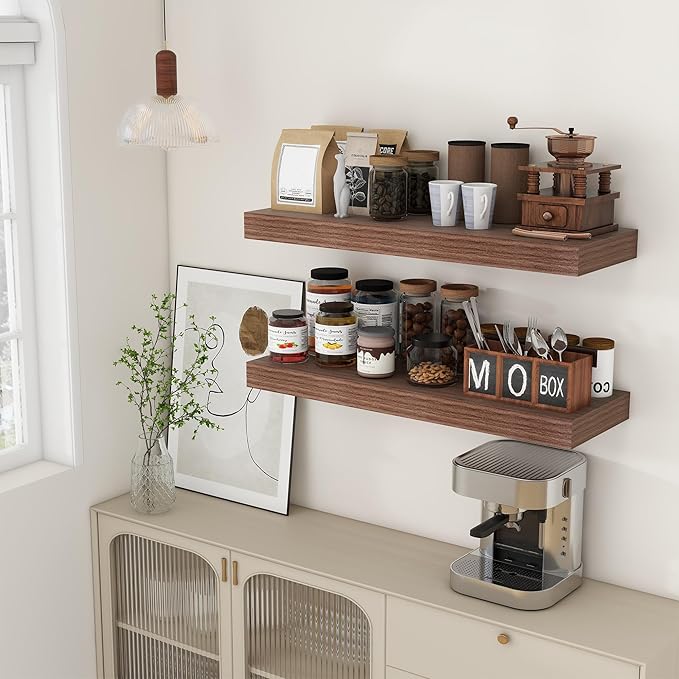 Deep Floating Shelves | 36 Inch Walnut Floating Shelves Set of 2 | 12 Inch Deep Rustic Wood Shelves for Wall | 36" W x 12" D Walnut Shelves for Living Room Bathroom Laundry Room Kitchen