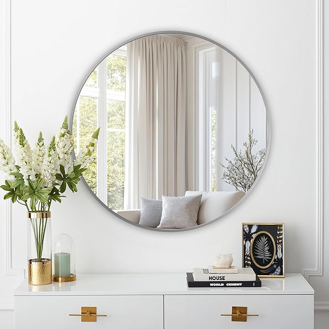 Round Mirror, Wall Mounted Circle Mirror with Brushed Metal Frame, Circular Mirrors for for Bathroom, Living Room, Vanity, Bedroom, Entryway, 30inch, Silver