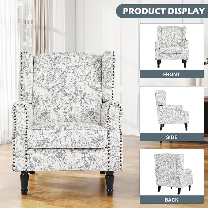 High Back Floral Accent Chair, Fabric Wingback Chair Upholstered Armchair for Living Room - Rococo Light Gray