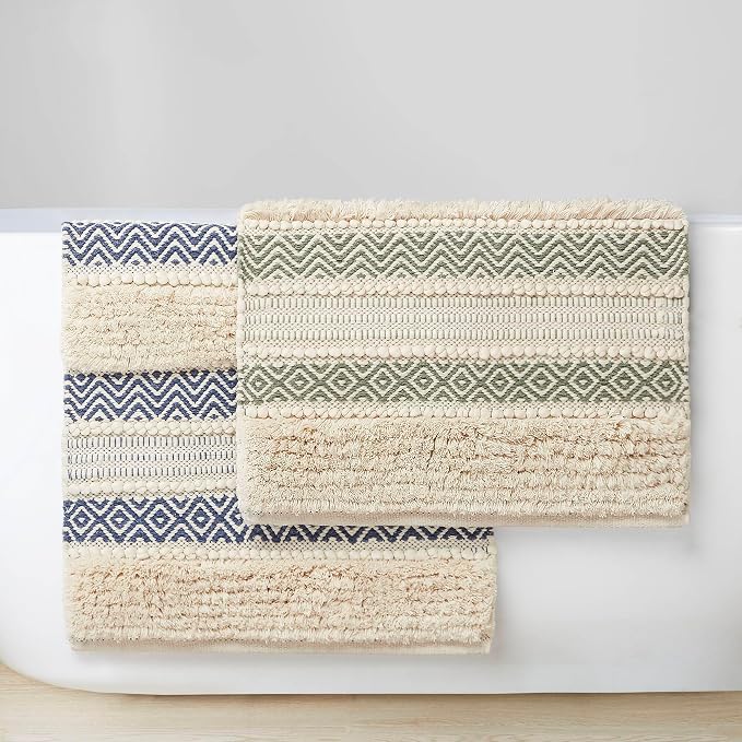 Ink+Ivy Bath Rug Hand-Woven Texture Shaggy Striped Soft & Water Absorbent, Boho Bathroom Décor Bath-Mats, Non-Slip Absorbent Quick Dry Mats for Tub, Shower Room, Asher, 22x58, Sage Green 1 Piece