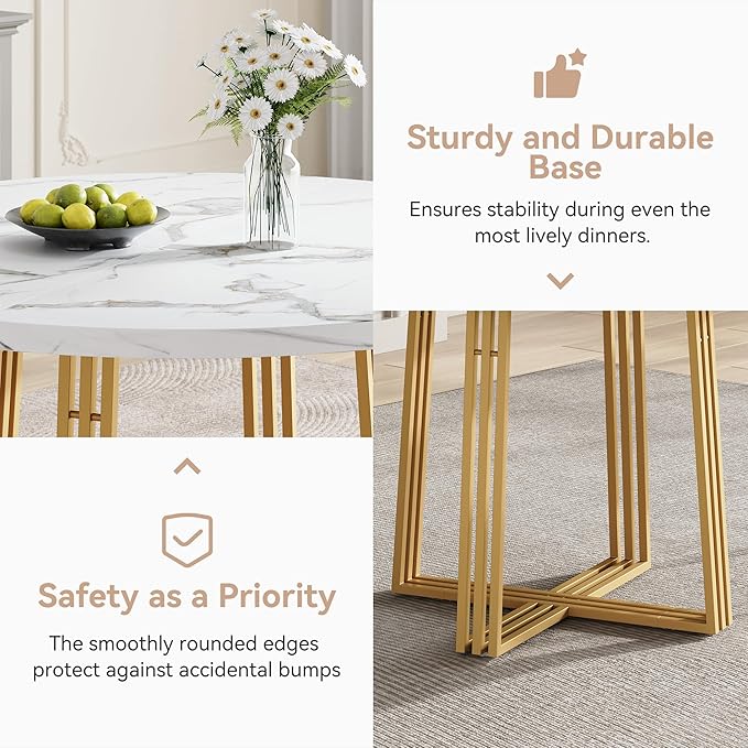 Round Dining Table for 4, 43.3-Inch Faux Marble Kitchen Table, Modern Circle Dinner Table with Metal Base for Dining Room, Kitchen, Breakfast Nook, Apartment, Small Spaces, White and Gold