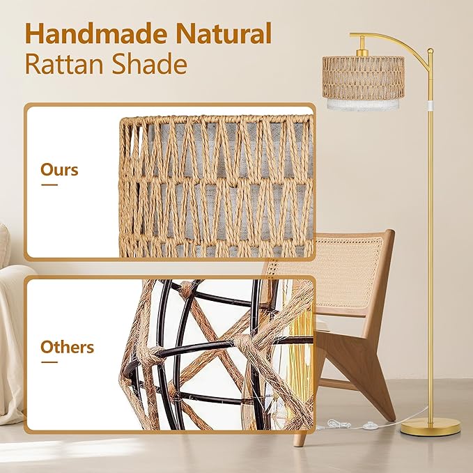 ROTTOGOON Arc Floor Lamps for Living Room, Boho Farmhouse Floor Lamp with Remote & Dimmable Bulb, Standing Lamp with Rattan & Fabric Shades, Adjustable Tall Lamp for Bedroom Office-Gold