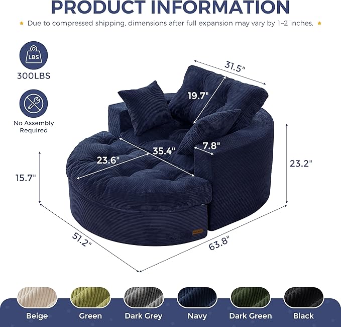 MAXYOYO Oversized Round Chaise Lounge Sofa, Upholstered Lounge Chair with 3 Pillows, Boneless Sofa Couch with Ottoman, Deep Seat Chair for Living Room, Bedroom, No Assembly, Navy