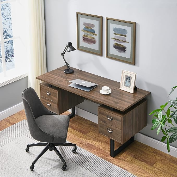Computer Desk for Home Office with 4 Large Drawers, Rustic Wood Writing Study Table with Metal Frame, 59” x 21.7” x 29.5”, Easy Assembly, Brown CTSZ20401WA