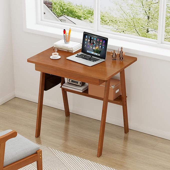 Solid Wood Desk with Drawers - 31.5 Inch Mid Century Modern Desks with Storage Shelf, Small Writing Desk for Small Spaces, Home Office Desks for Bedroom & Home, Walnut Color