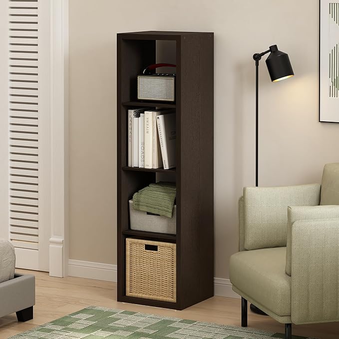 Furinno CUBICLE Book Shelf, Vertical 4-Cube Bookshelf, Extra Thick Horizontally & Vertically Reversible Bookcase with Open Back, 14.6" x 16" x 58",For Living Room, Bedroom, Home Office, Black Dark Oak