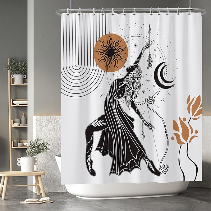 Baocicco Boho Shower Curtain Sun Moon Women Bow and Arrow Plants Modern Geometric Shower Curtains Decorative for Bathroom Waterproof Fabric Shower Curtain with Hooks 60x72 Inches