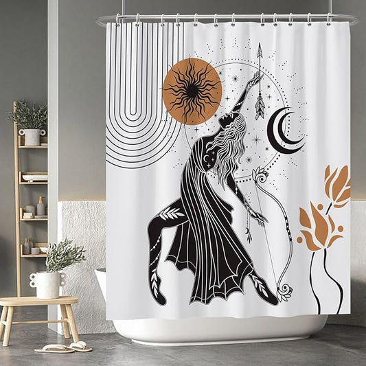 Baocicco Boho Shower Curtain Sun Moon Women Bow and Arrow Plants Modern Geometric Shower Curtains Decorative for Bathroom Waterproof Fabric Shower Curtain with Hooks 60x72 Inches