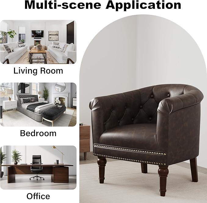 Accent Chair, Upholstered Faux Leather Barrel Chair with Nailed Trim, Comfy Club Armchair for Reading Living Room Bedroom Waiting Room (Chocolate, Set of 2)