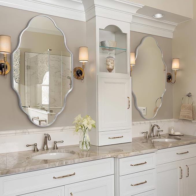Scalloped Mirror for Bathroom - 20"x36" Silver Bathroom Mirror with Aviation Aluminum Alloy Frame & Shatter-Proof Glass for Living Room Bedroom Entryway, Brushed Silver Frame
