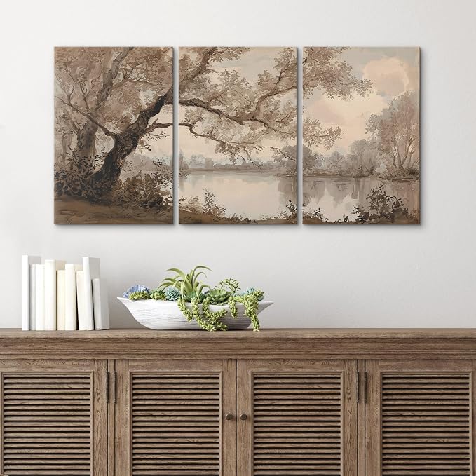 wall26 Canvas Print Wall Art Set Sepia Watercolor Lakeside Tree Landscape Decorative Minimal Relax/Zen for Living Room, Bedroom, Office - 16"x24" x 3